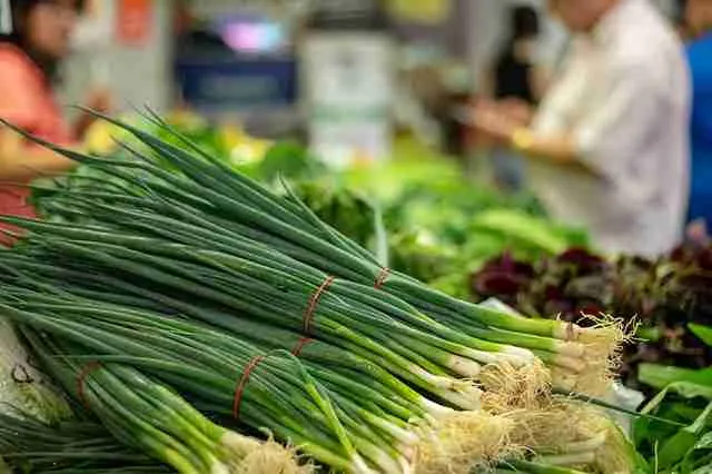 a bunch of green onions in the market